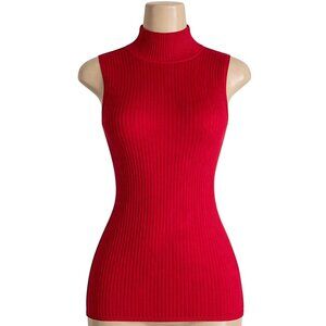 Madison Grey Red Ribbed Sleeveless Turtleneck Top Stretch Knit Blouse Size XL